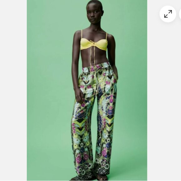 NEW Zara Satin Effect Floral Wide-Leg Pyjama Style Pants in Green, Size S - Picture 4 of 16